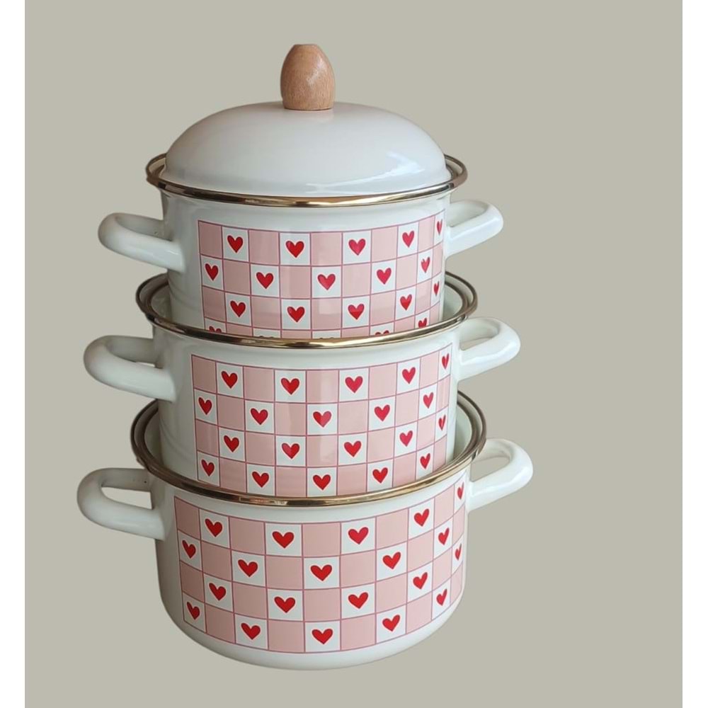 EMAYE 3LÜ TENCERE (16X20) KALPLİ PEMBE -ALEV