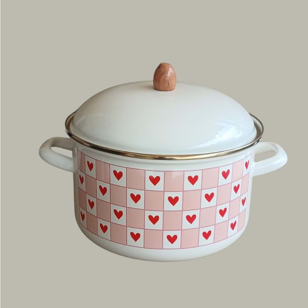 EMAYE DERİN TENCERE 24CM KALPLİ PEMBE -ALEV