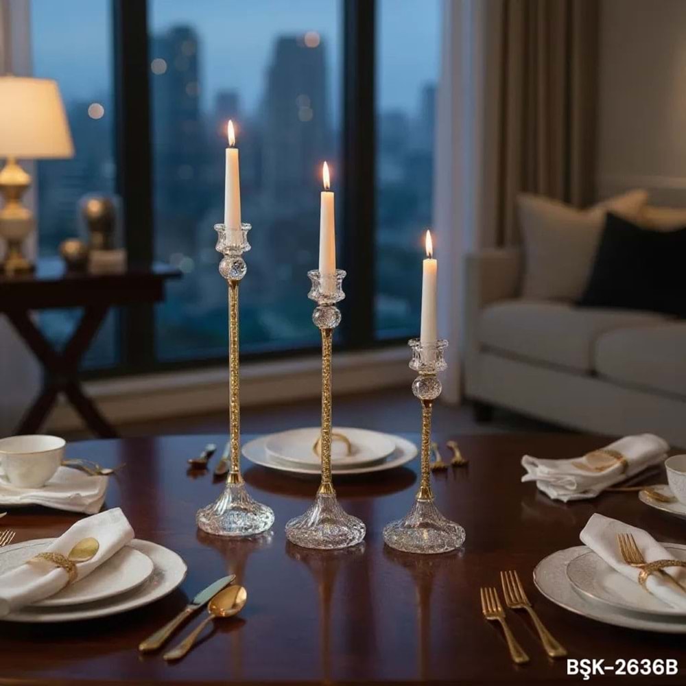 2636.B-KRİSTAL MUMLUK 3 LÜ GOLD -FURKAN