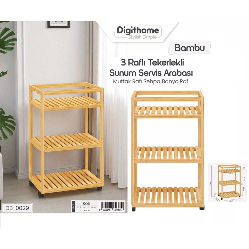 DB.029 -AHŞAP TEKERLİ 3LÜ RAF -ŞAMLI