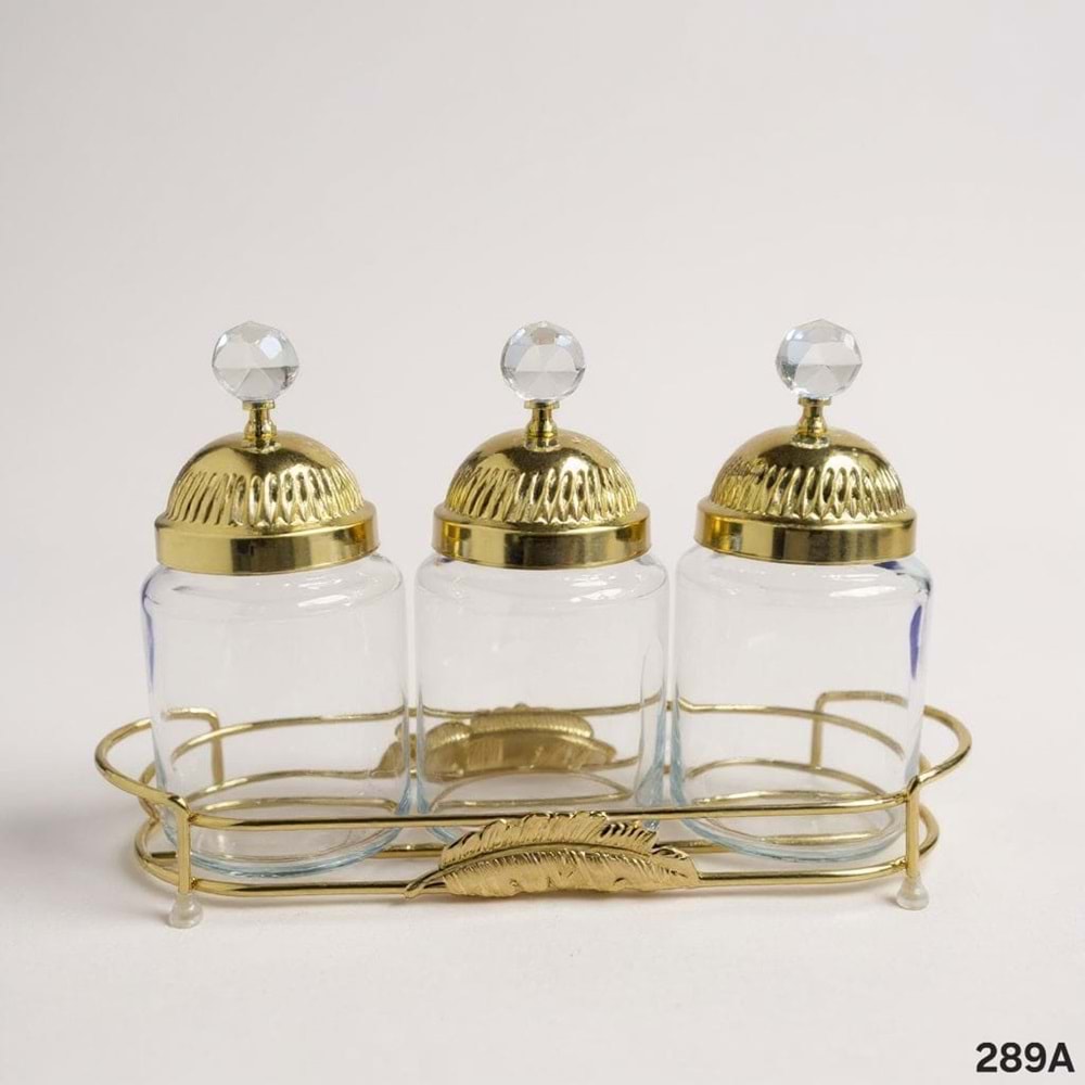 KT289.A-CAM KAVANOZ 3 LÜ YAPRAK GOLD-ZEYVE