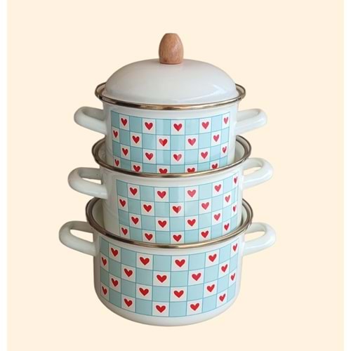 EMAYE 3LÜ TENCERE (16X20) KALPLİ MAVİ -ALEV