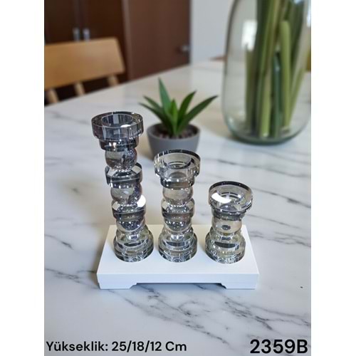 2359-KRİSTAL MUMLUK 3 LÜ SİLİNDİR FÜME -FURKAN