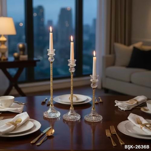 2636.B-KRİSTAL MUMLUK 3 LÜ GOLD -FURKAN