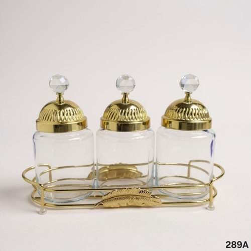 KT289.A-CAM KAVANOZ 3 LÜ YAPRAK GOLD-ZEYVE