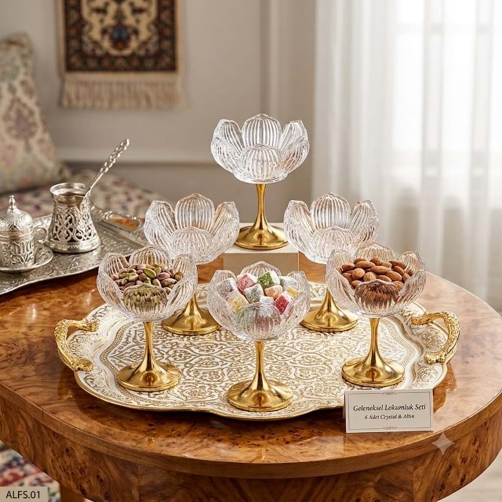 ALFS.01 -CAM SUNUMLUK 6LI AYAKLI GOLD -ALLEGRİ