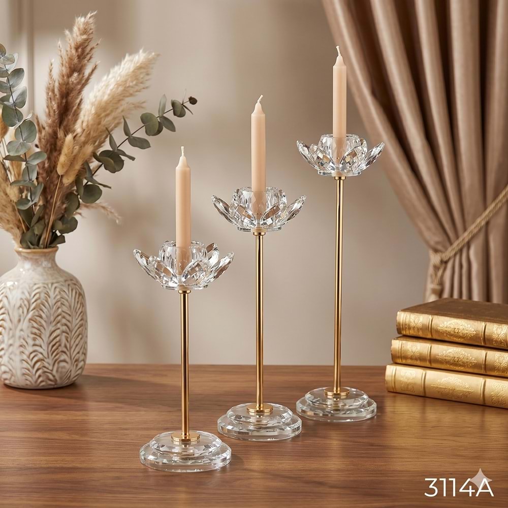 3114.A -KRİSTAL AYAKLI MUMLUK 3 LÜ GOLD -FURKAN