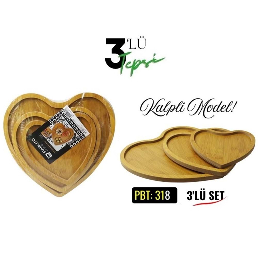 PBT.318-AHŞAP TEPSİ 3 LÜ KALPLİ -PABLİTO